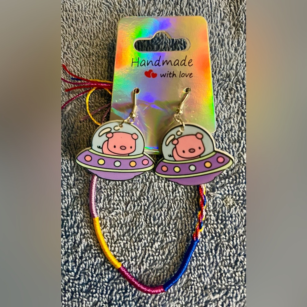 Cute Pink UFO  Handmade and designed earrings with FREE Bracelet